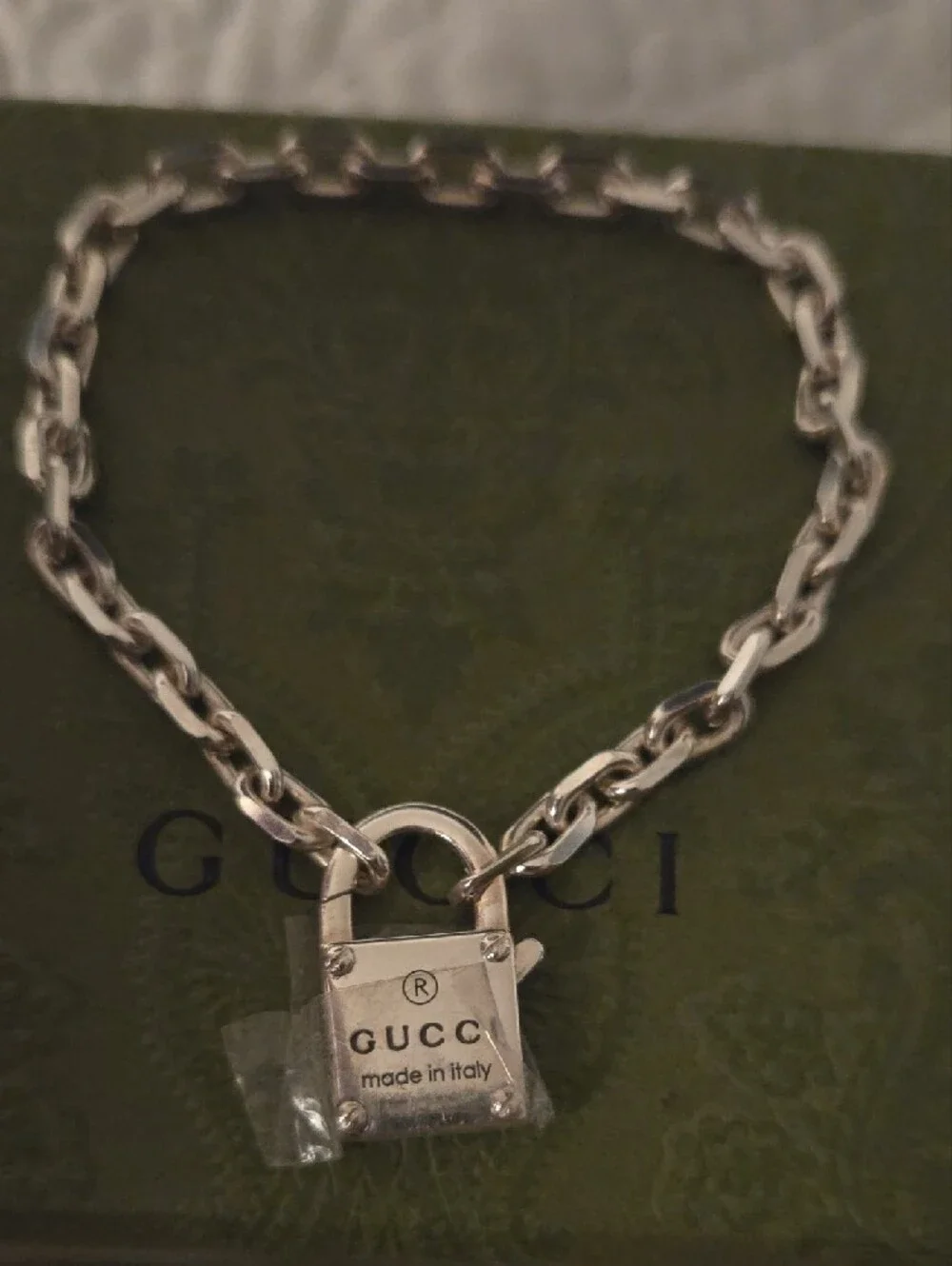 Authentic Gucci Silver Padlock Chain Bracelet with Charm